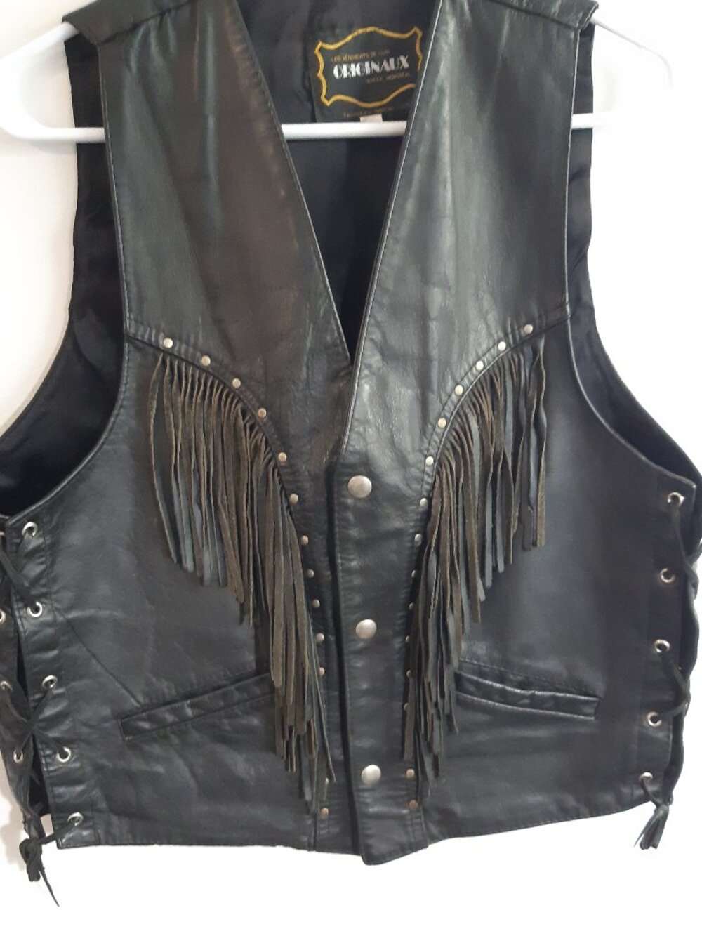 Vintage Genuine Leather Fringe Vest Biker Western Black LaceUp Made In Canada M - Picture 3 of 9